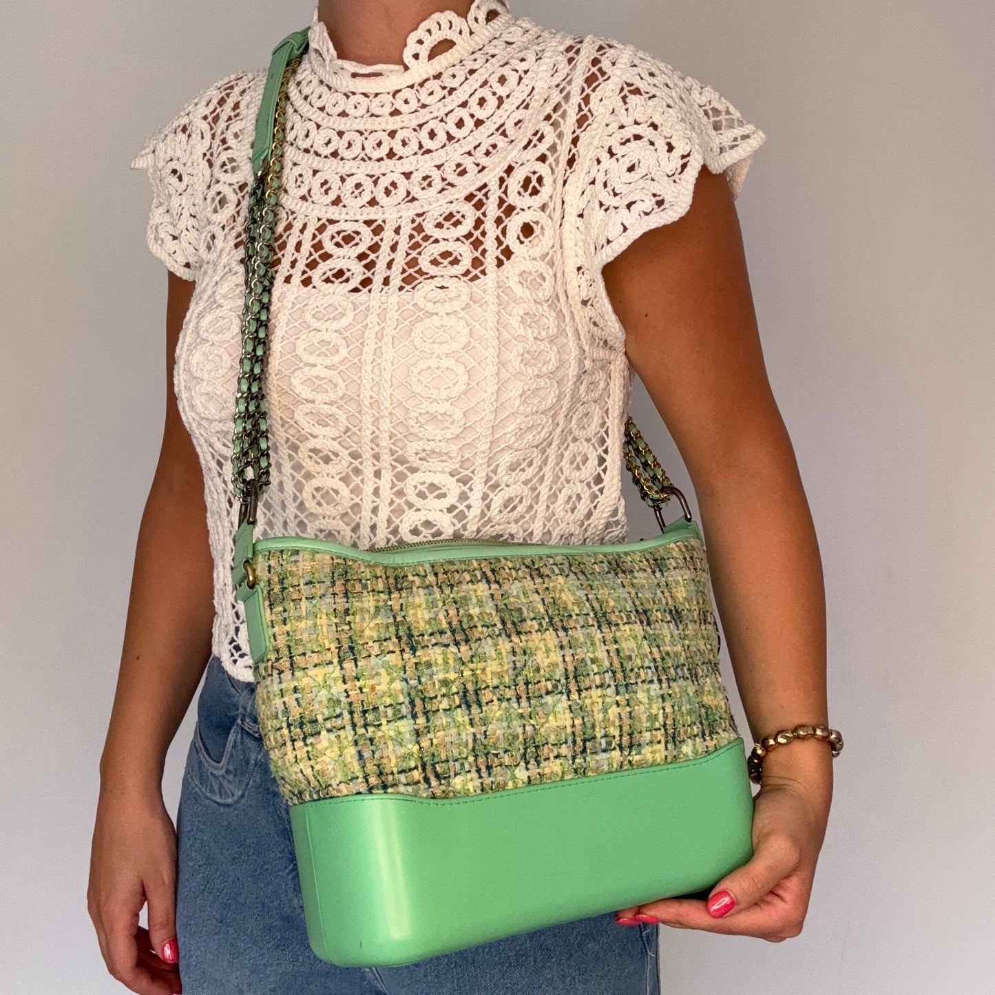 Chanel Gabrielle Medium Green Tweed and Leather 2019
