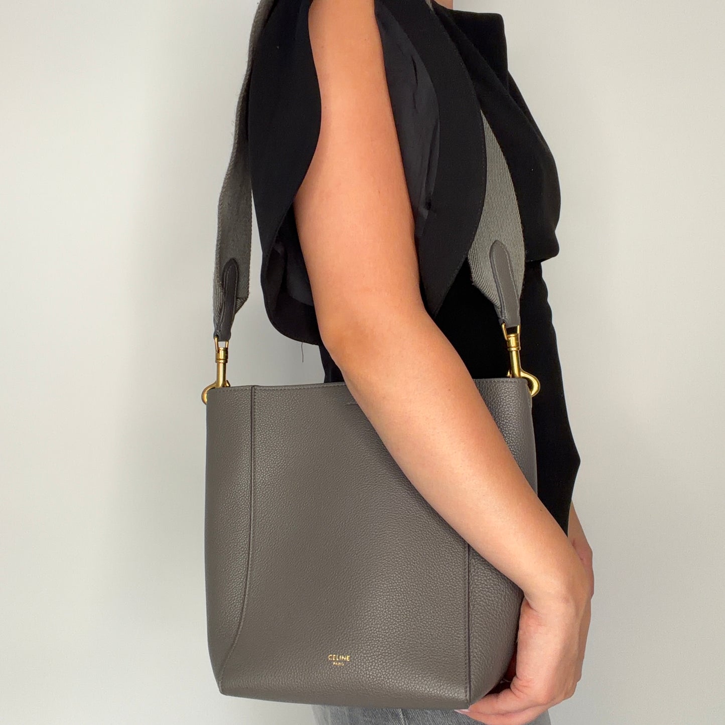 Celine Sangle Bucket Bag Small Taupe Leather
