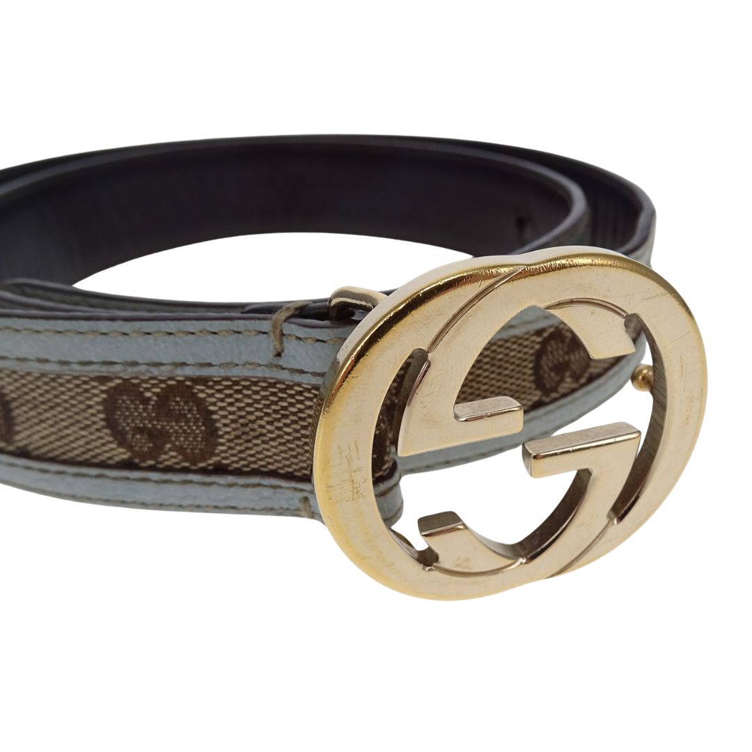 Gucci GG Canvas Belt With Steel Blue Leather Trims 85/34
