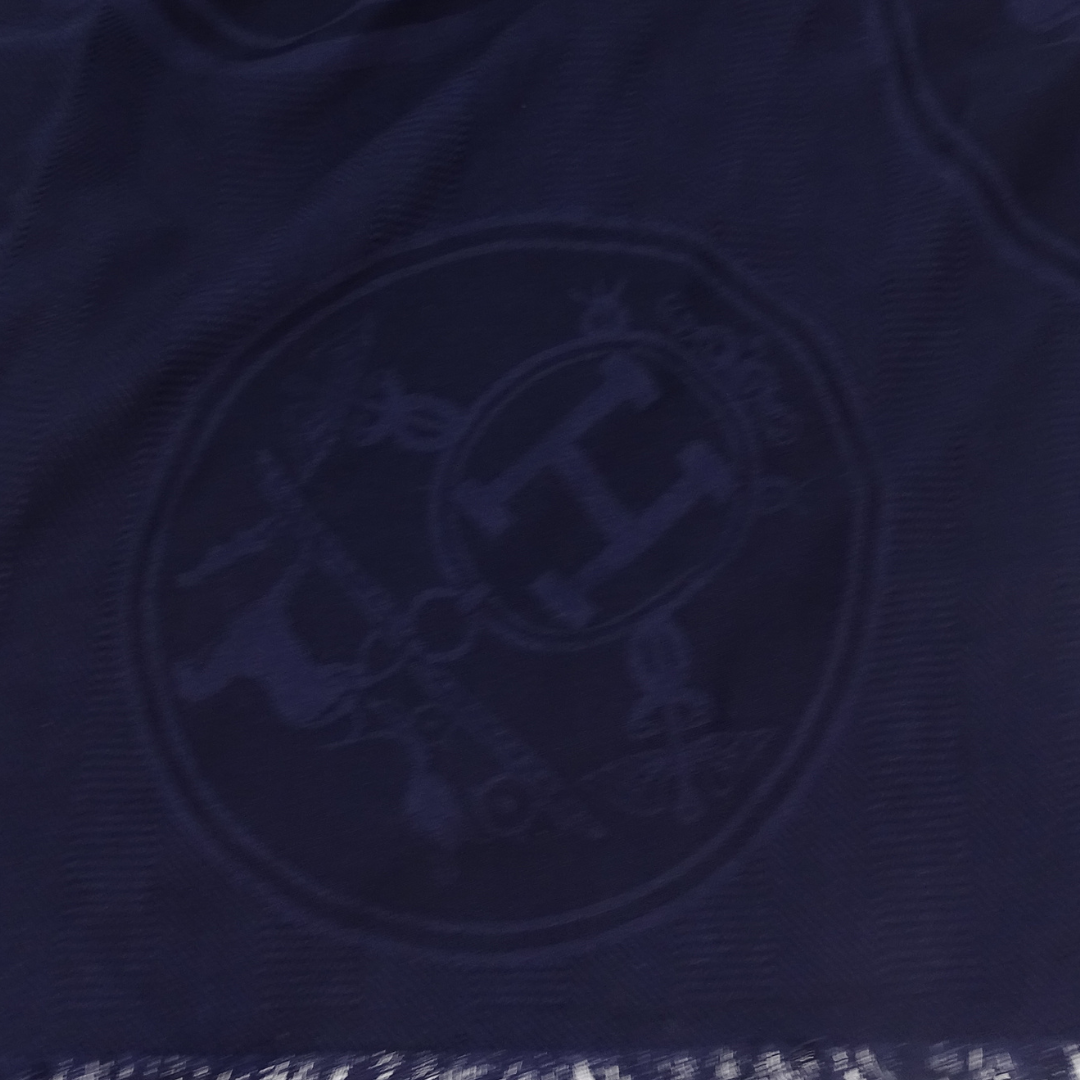 Hermes Cashmere & Silk Large Heritage Logo Navy Shawl