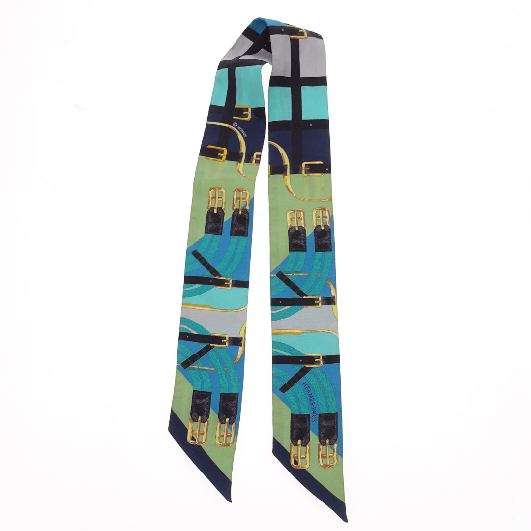 Hermes Silk Twilly Buckles & Straps Green & Blue