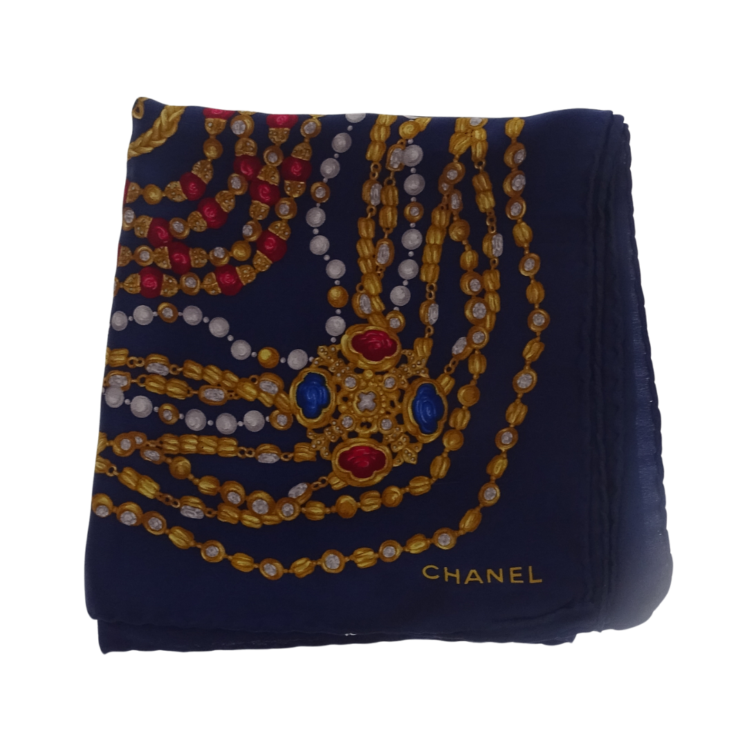 Chanel Vintage Silk Scarf With Beads & Necklace Feature Navy/Gold/Red