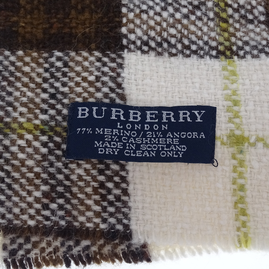 Burberry Vintage Beige and Brown Check Merino/Angora Fringe Edged Scarf