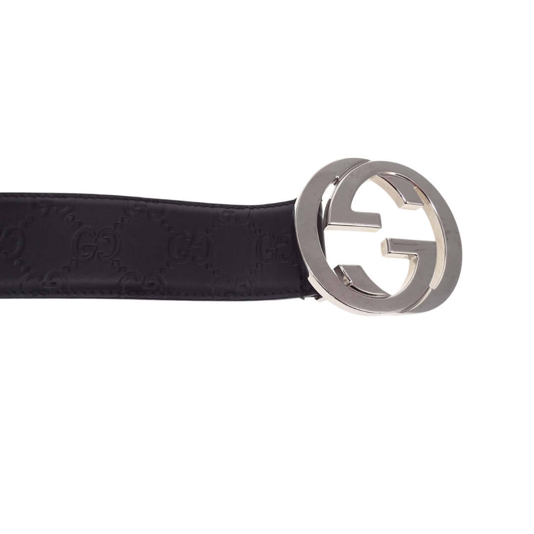 Gucci Black Guccissima Leather SHW GG Belt 95cm