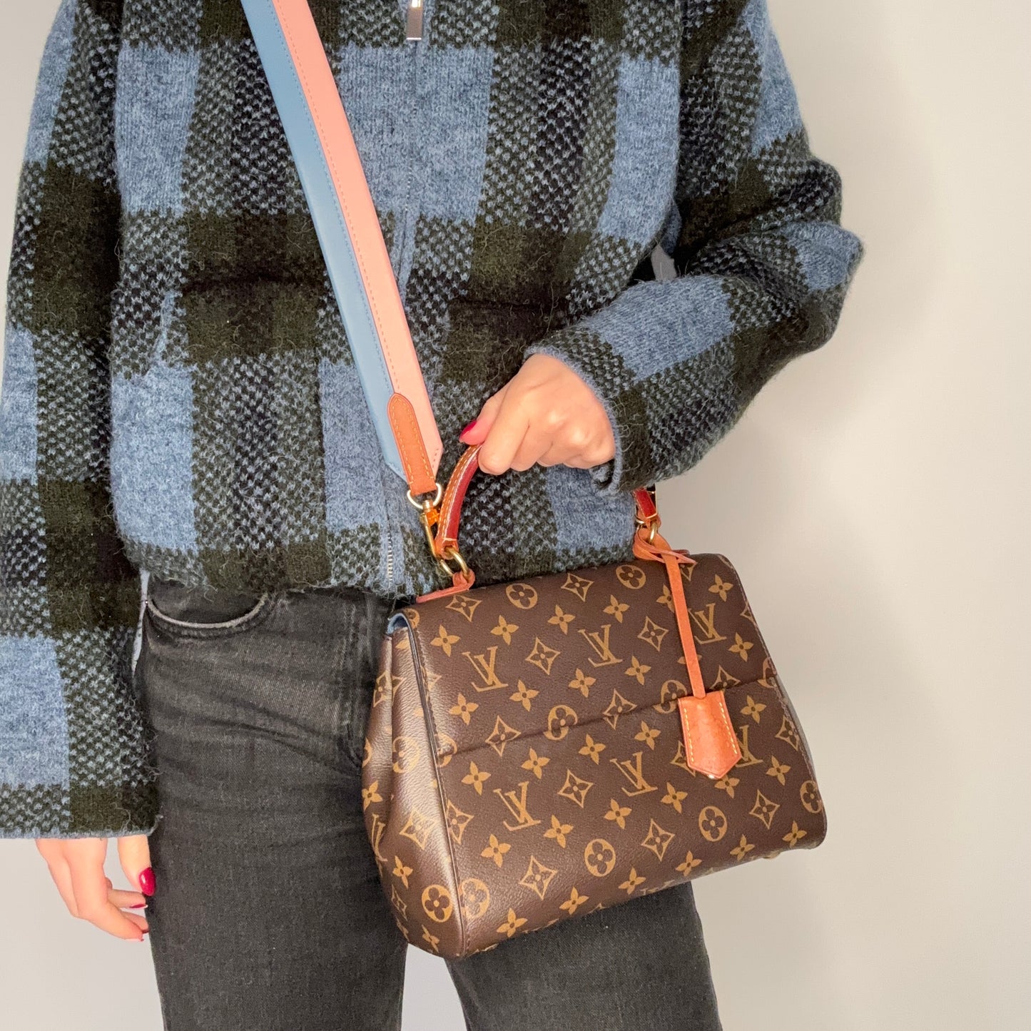 Louis Vuitton Cluny BB Monogram with Blue/Pink Strap (NFID)