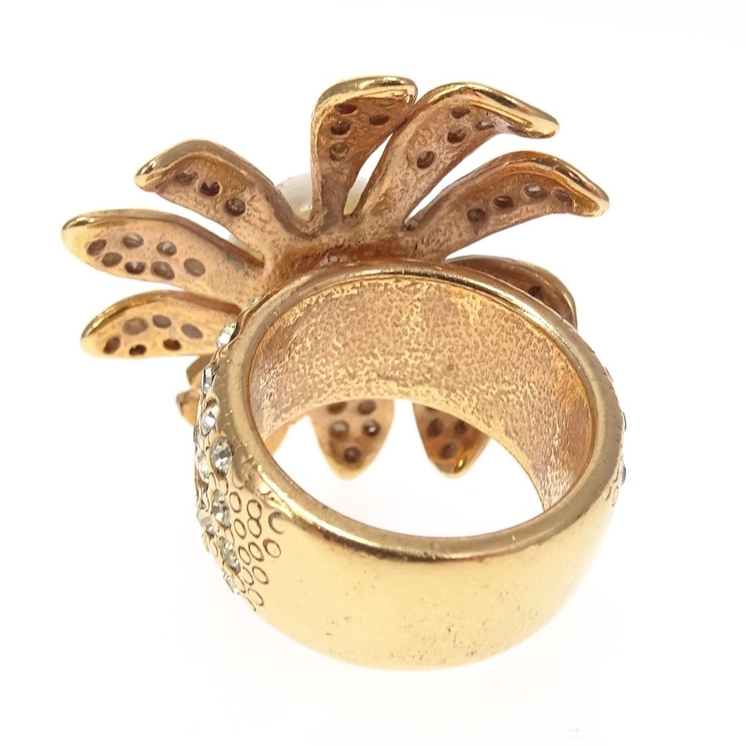 Chanel Cocktail Ring Goldtone With Costume Pearl & Strass Vintage 2005 Size 53
