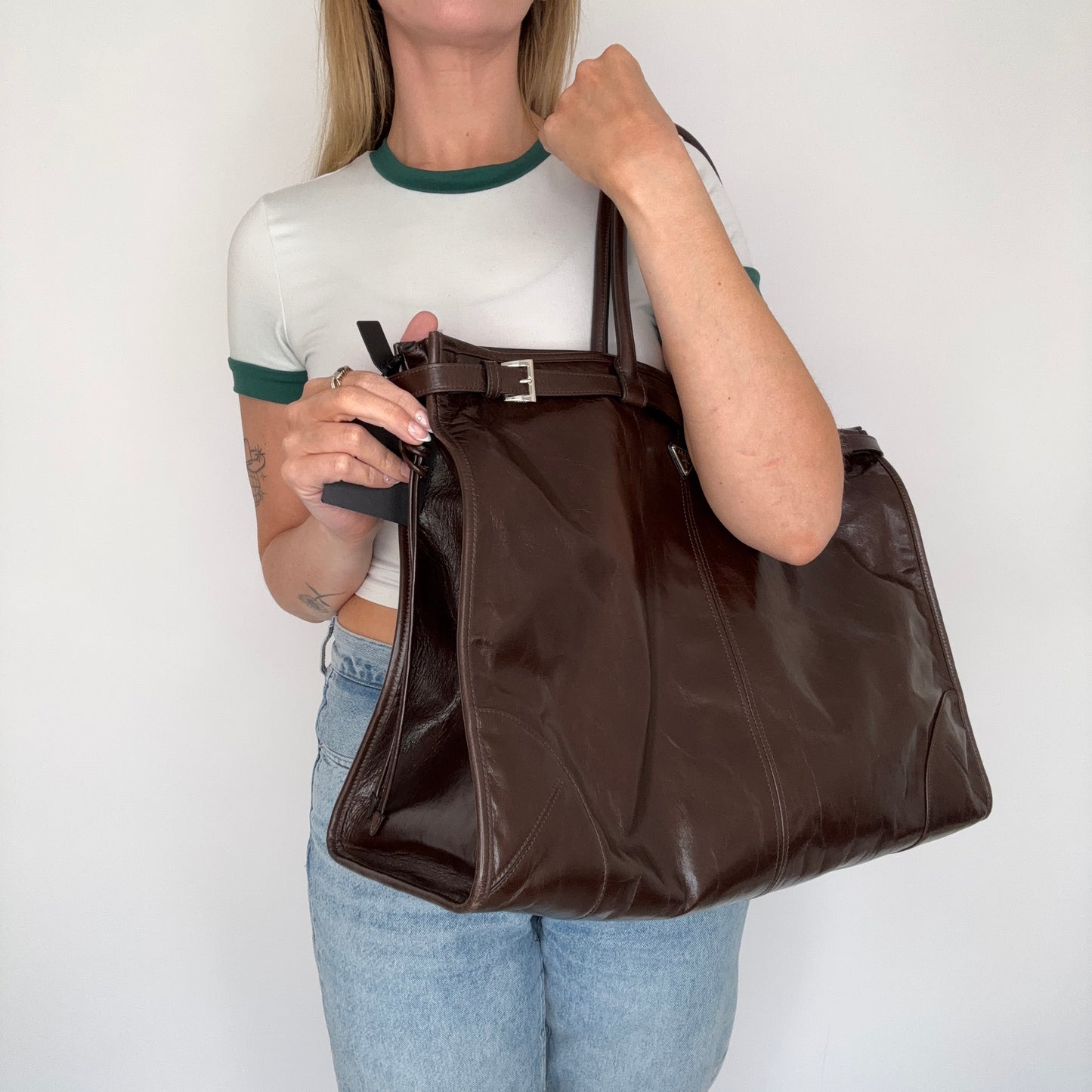 Prada Bonnie Extra Large Dark Brown Soft Lux with Strap