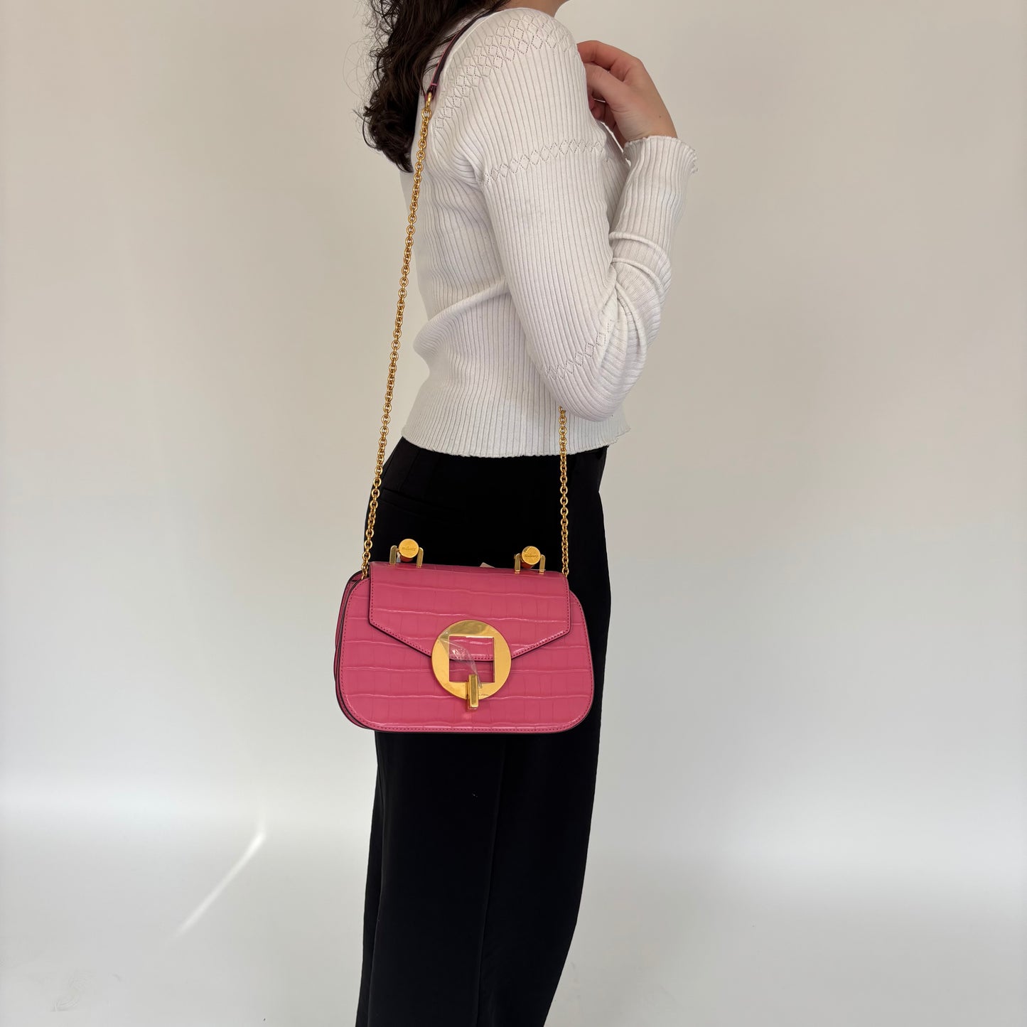 Mulbery Pink Shiny Croc Embossed Bovine Leather Mews Top Handle Chain Bag