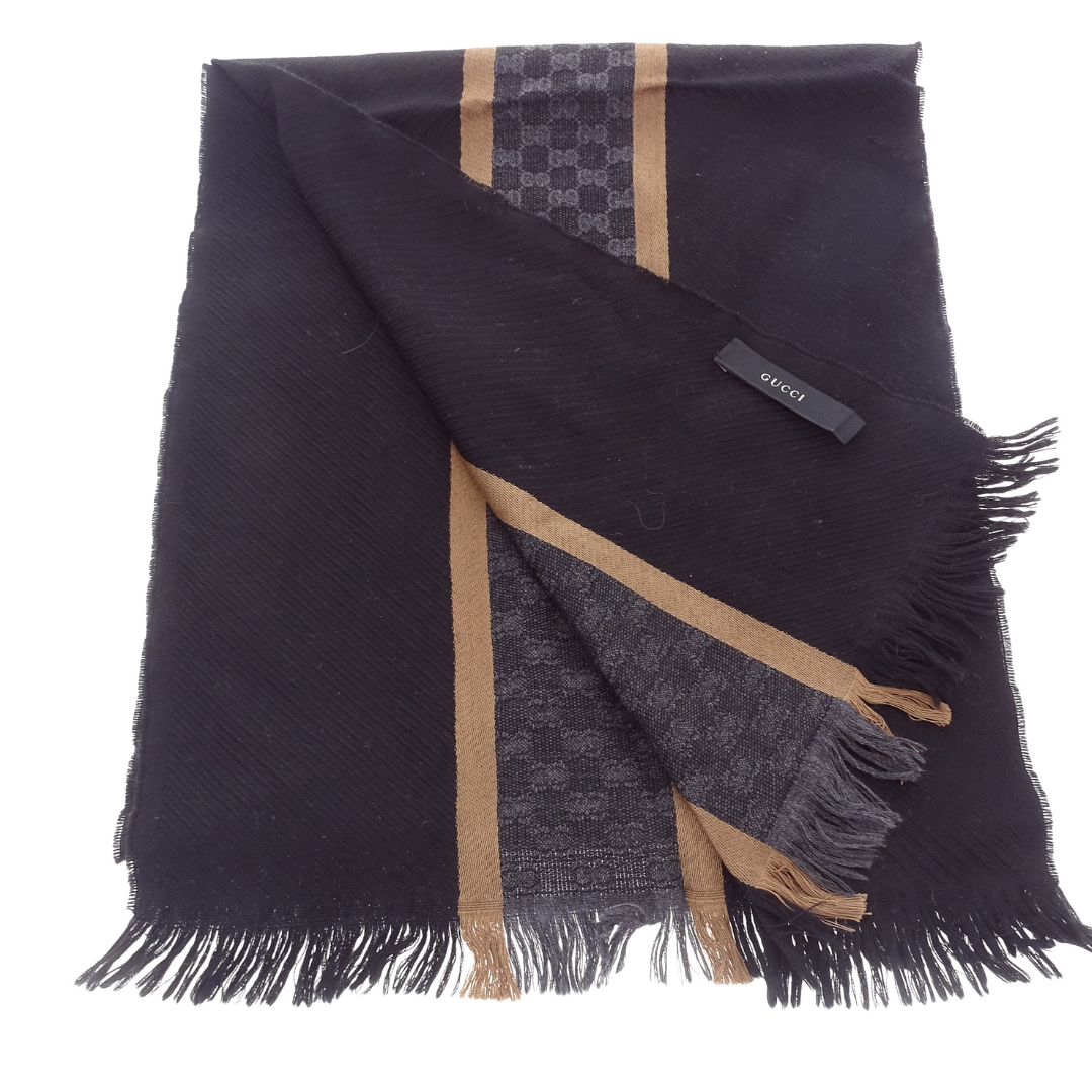 Gucci Wool & Silk Gold Stripe & Black Scarf