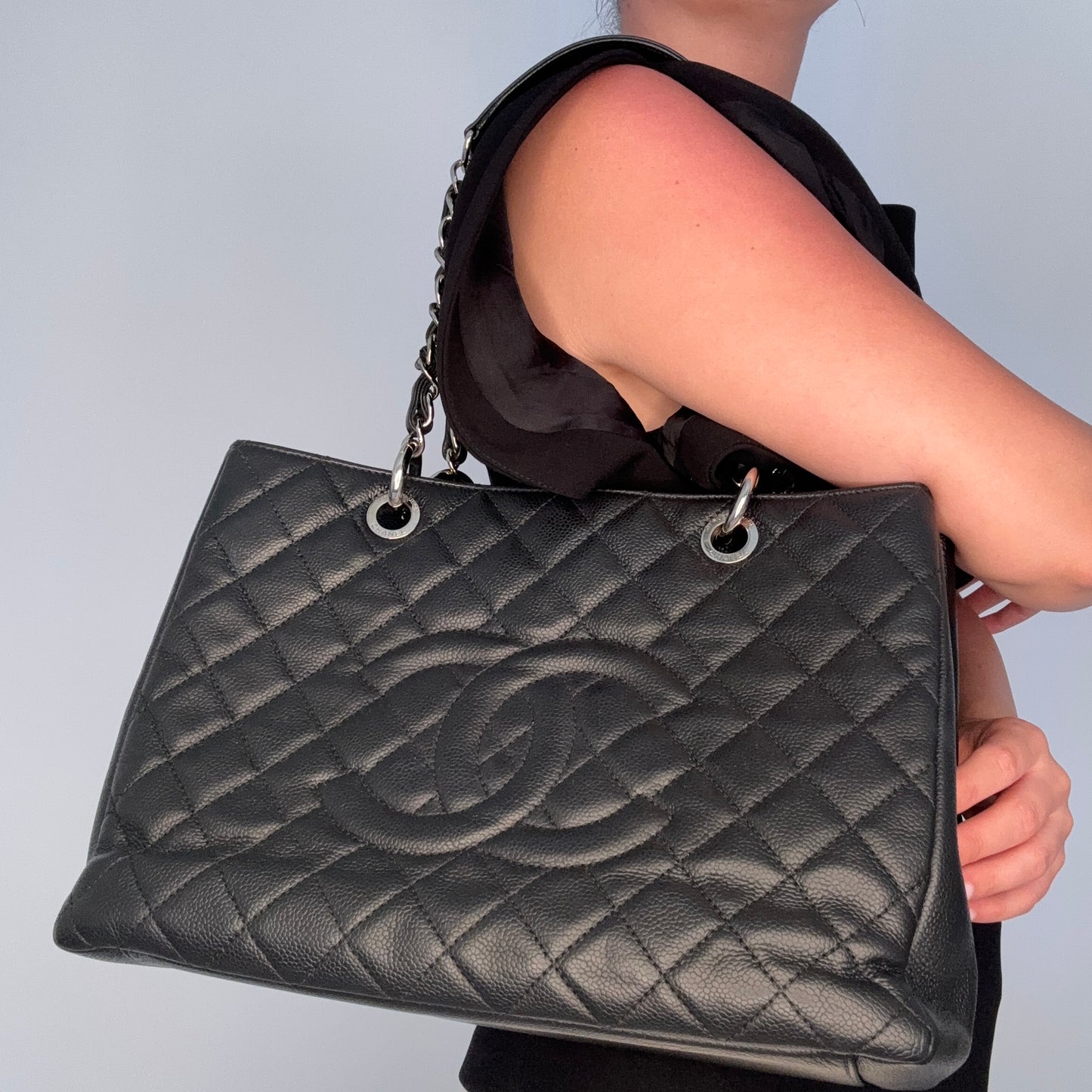 Chanel GST Grande Shopping Tote Black Caviar Leather With Silver Hardware NM