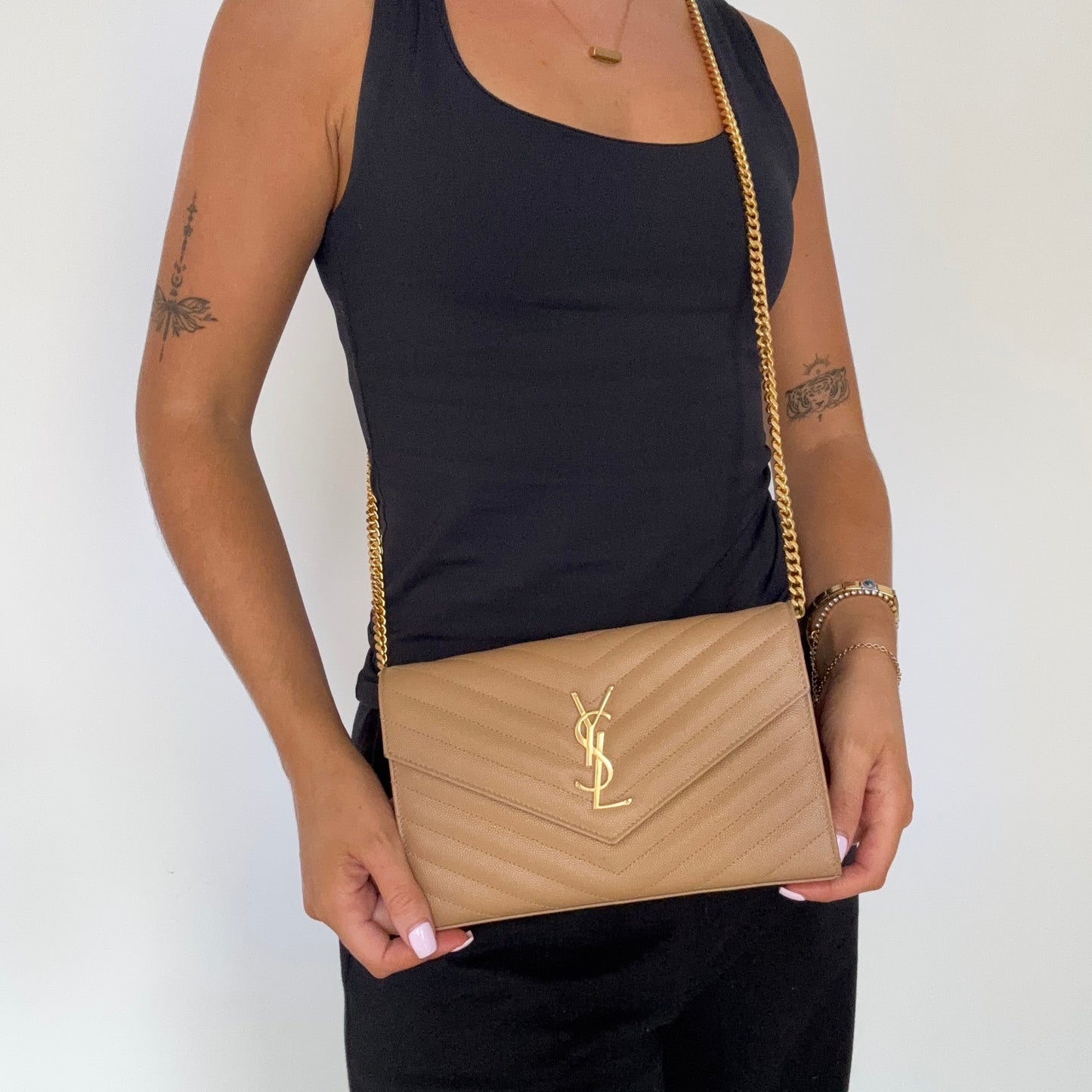 Saint Laurent Cassandre Wallet On Chain Natural Dark Brown GHW