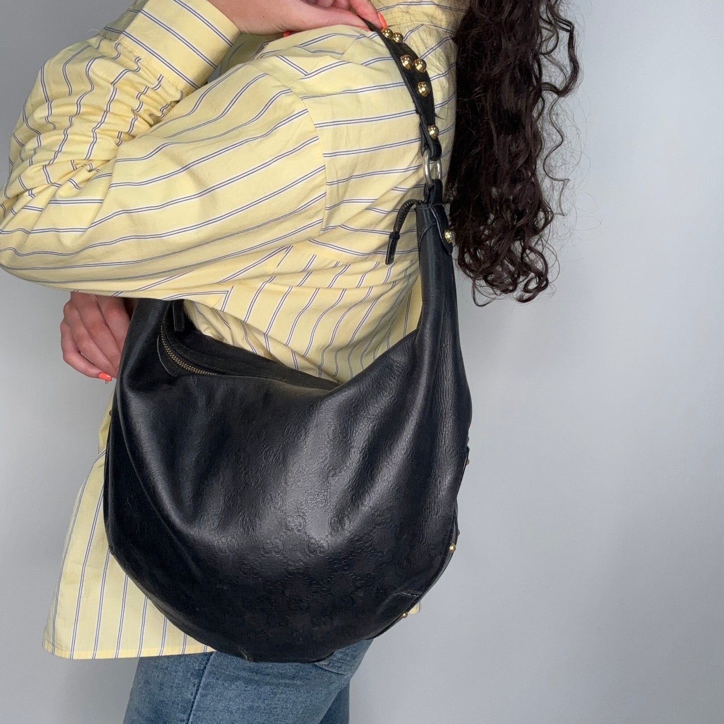 Gucci Guccissima Black Leather Hobo With Studded Shoulder Strap