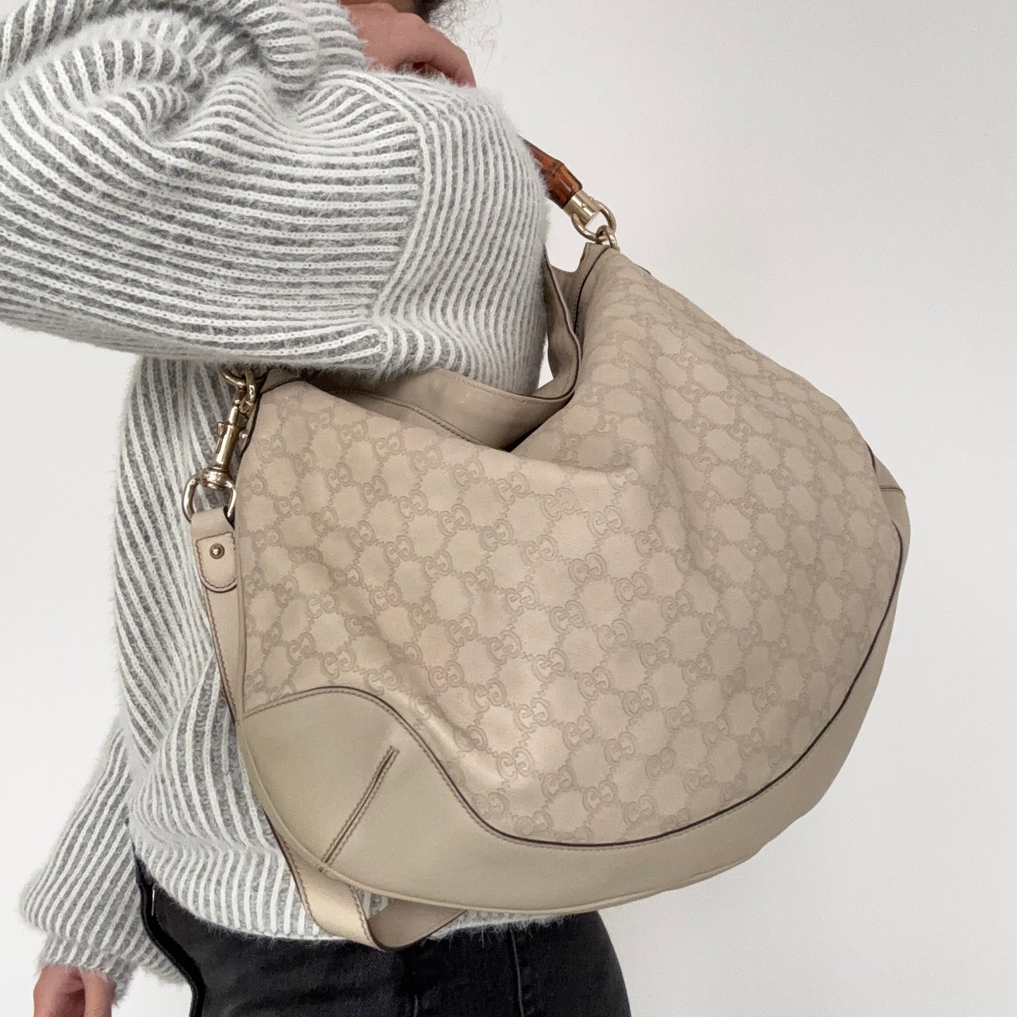 Gucci Peggy Bamboo Hobo with Strap Grey Guccissima