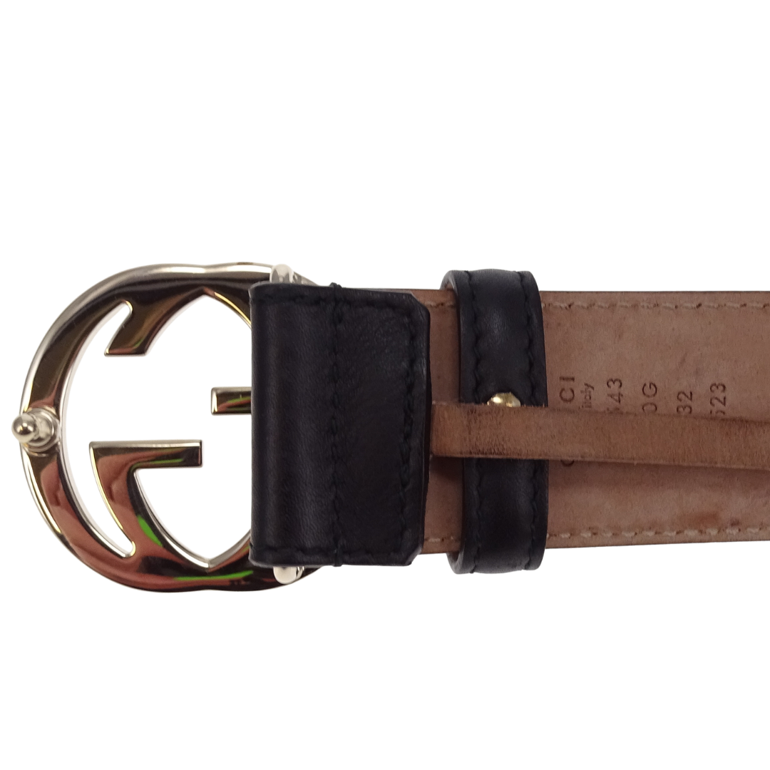 Gucci Interlocking G Gold Buckle Black Belt 80cm
