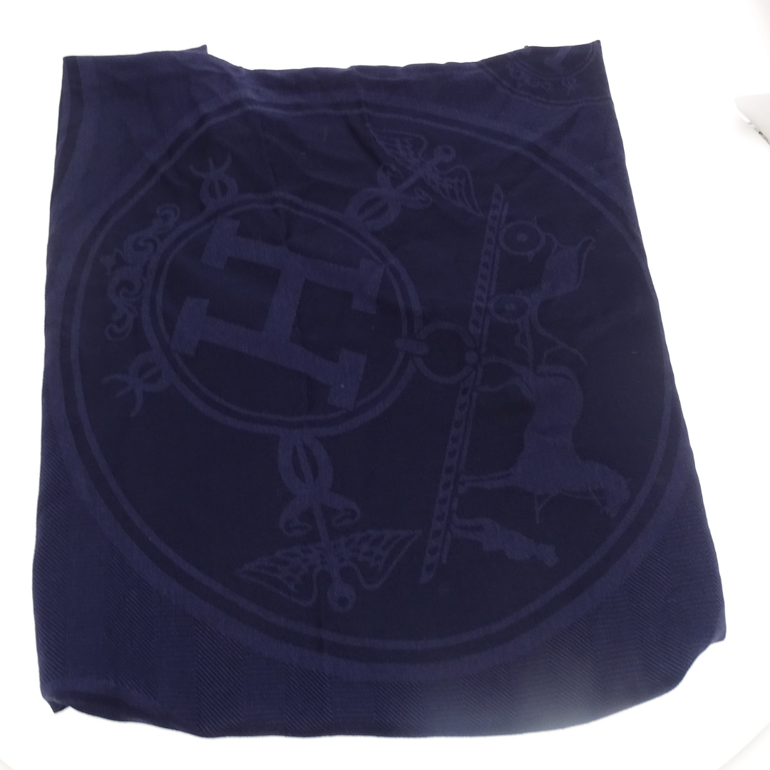 Hermes Cashmere & Silk Large Heritage Logo Navy Shawl