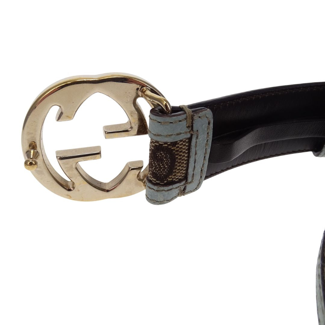 Gucci GG Canvas Belt With Steel Blue Leather Trims 85/34