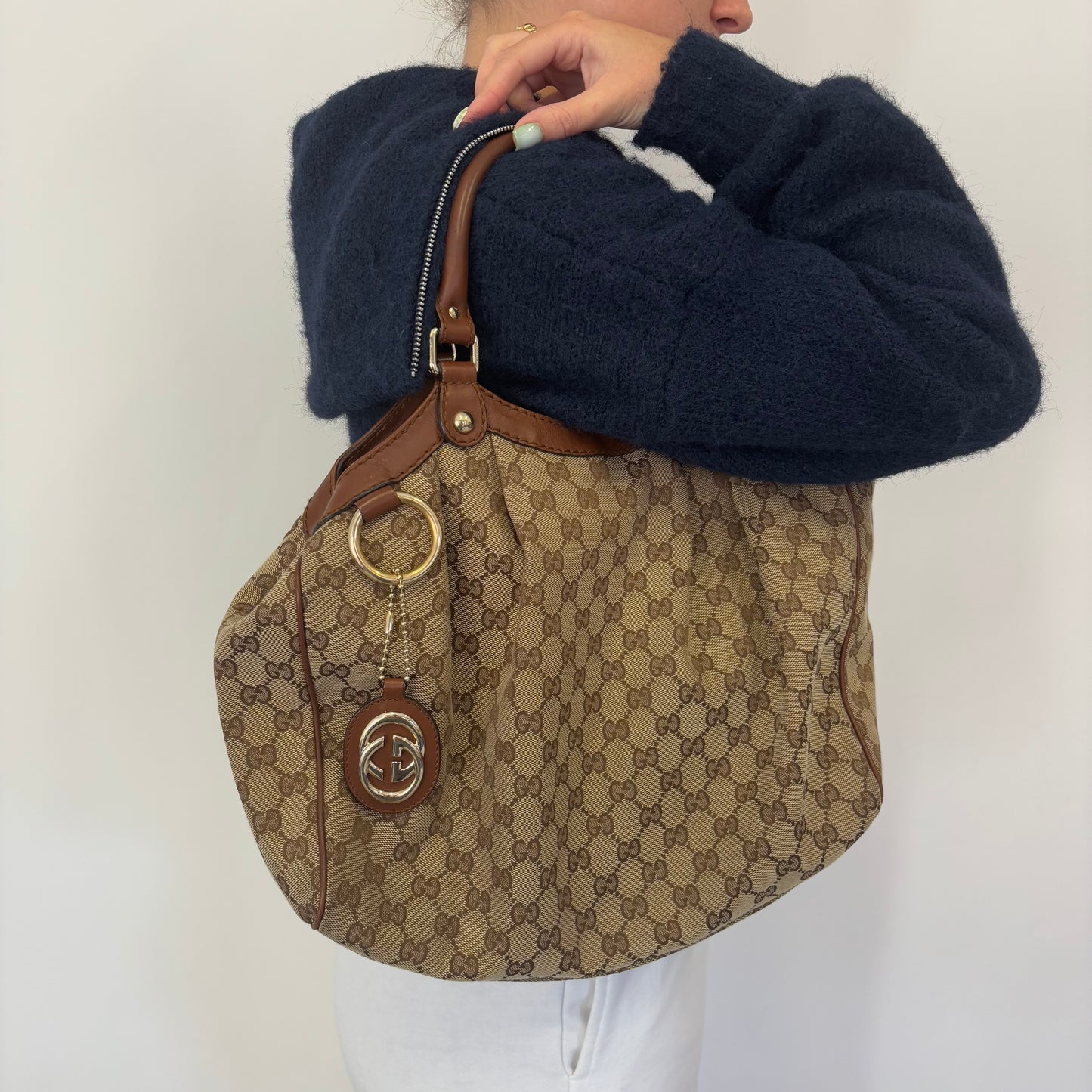 Gucci Sukey GG Canvas Tote With Brown Leather Trim Vintage