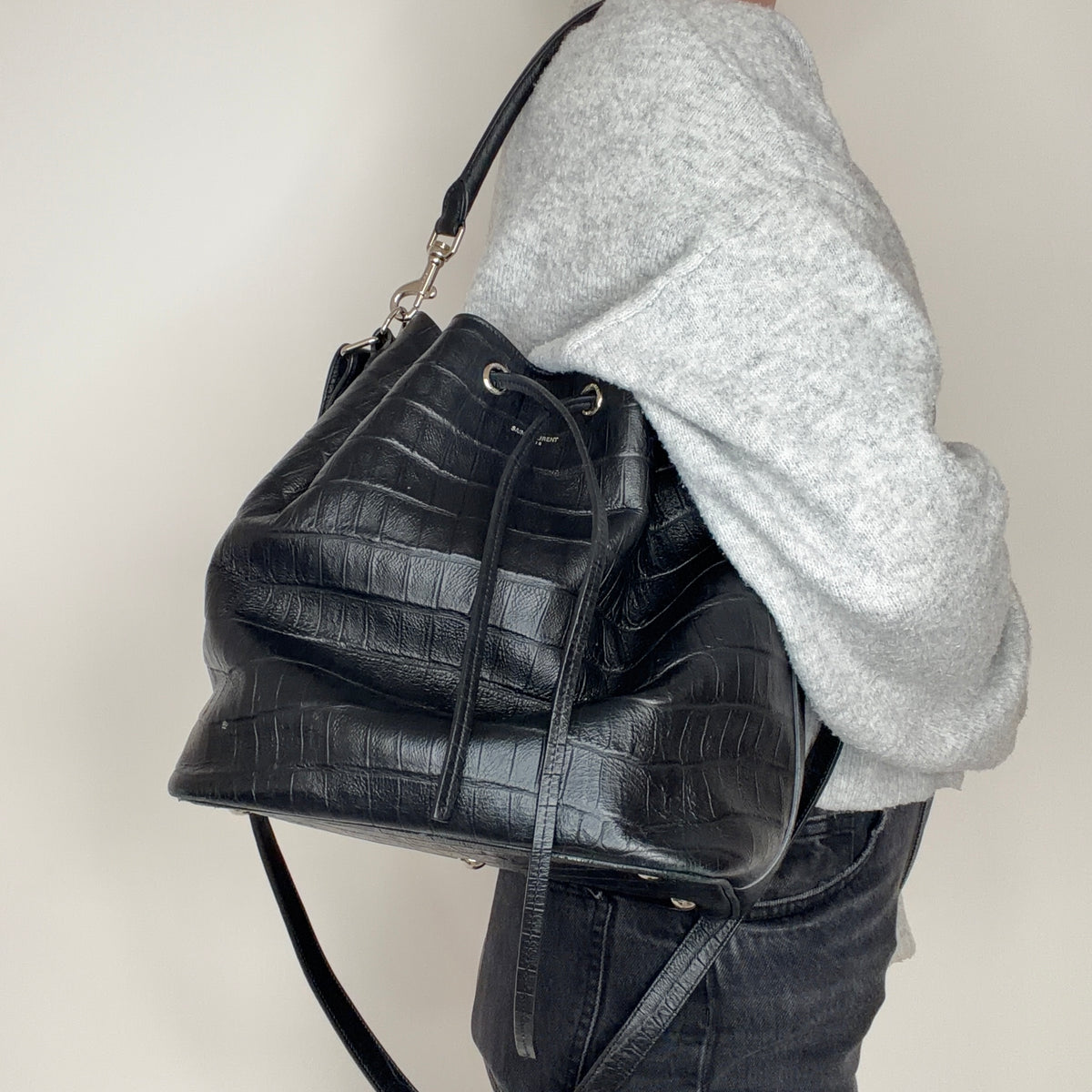 Saint Laurent Emanuelle Black Croc Embossed Bucket Bag
