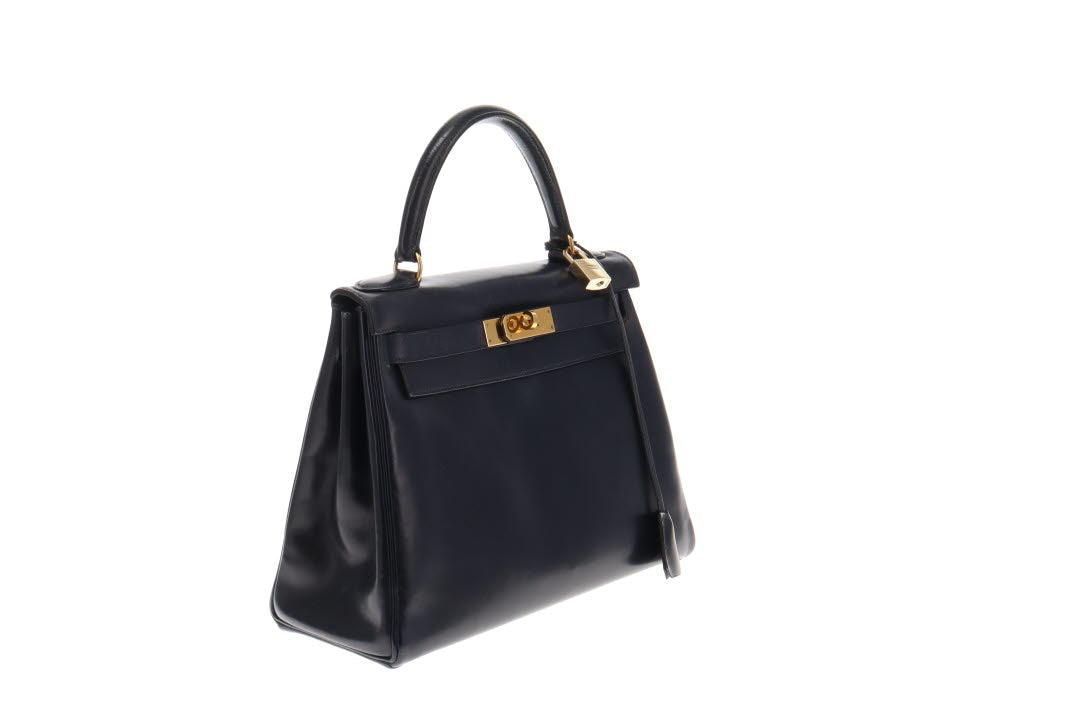 Hermes Navy Box Leather Kelly 28 1994 (with canvas strap)