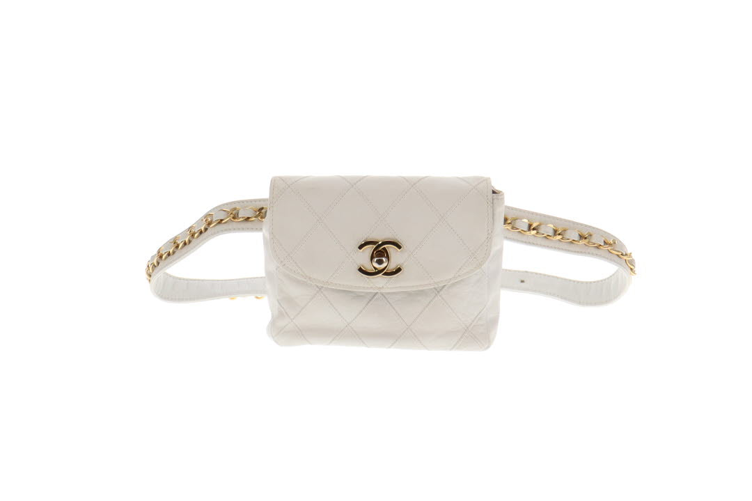 Chanel Vintage White Diamond Stitch Waist Bag
