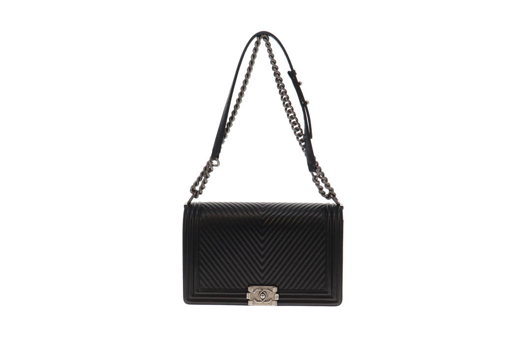 Chanel Black Calf Le Boy Bag Chevron Large