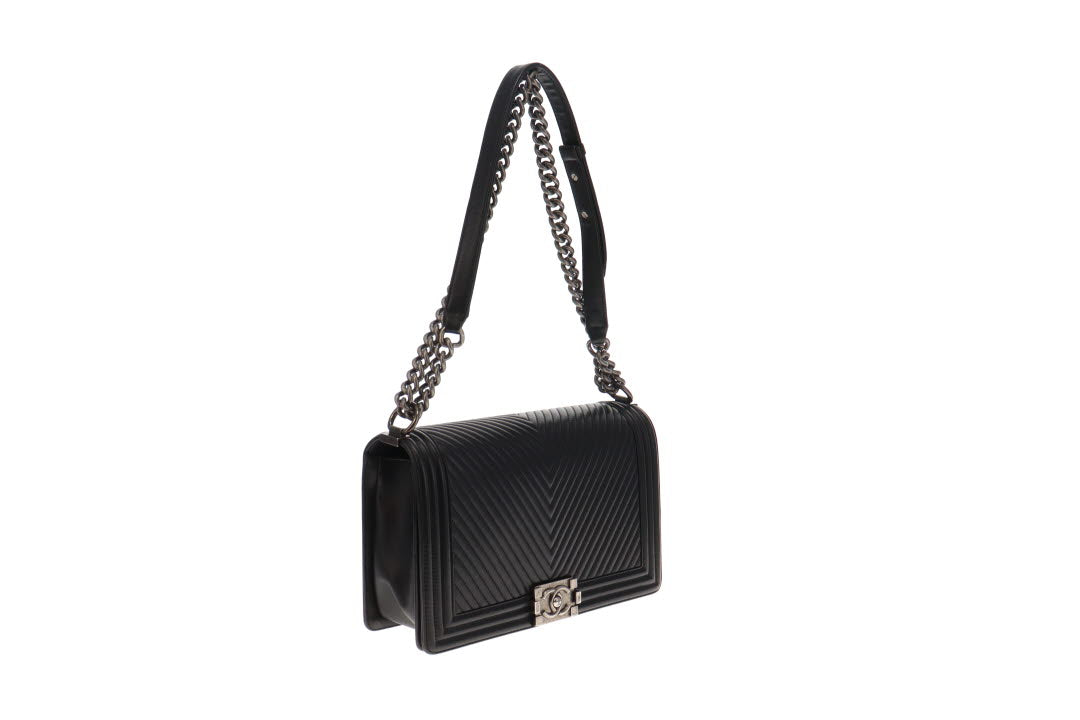Chanel Black Calf Le Boy Bag Chevron Large