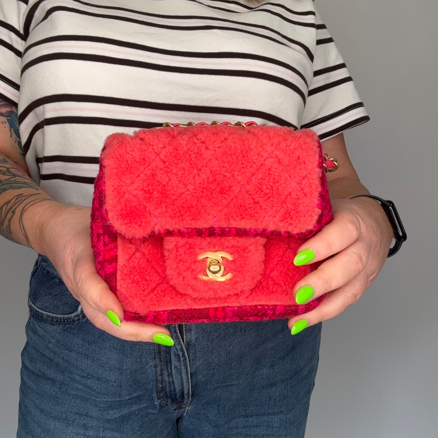 Chanel Classic Mini Square Pink Shearling and Tweed 2020
