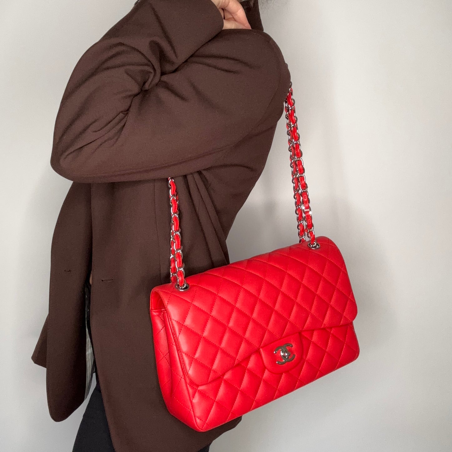 Chanel Classic Jumbo Double Flap Red Lambskin With Silver Hardware 2016/17