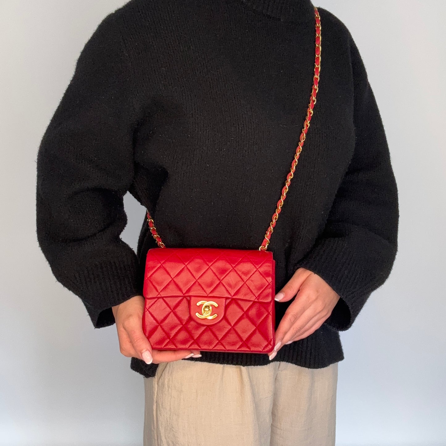 Chanel Classic Mini Square Vintage Red GHW 1989/91