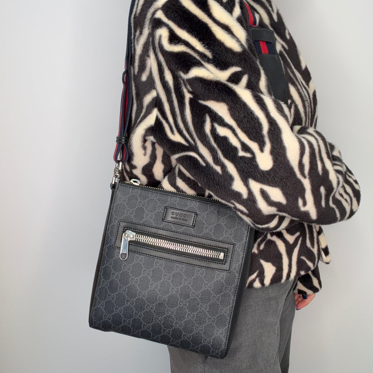 Gucci Messenger Charcoal GG Supreme and Web Strap