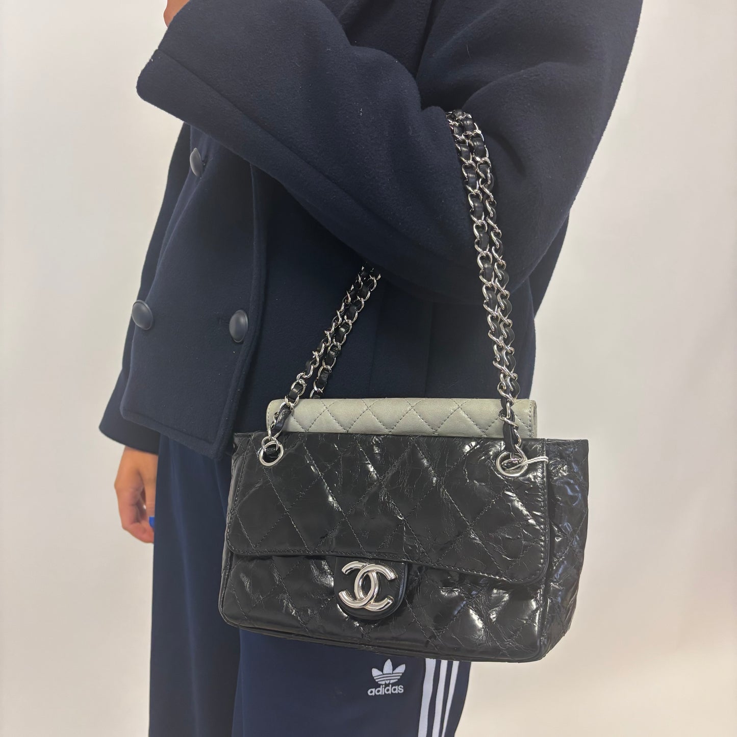 Chanel Black Glazed Calfskin & Grey Iridescent Portobello Flap SH 2008/09