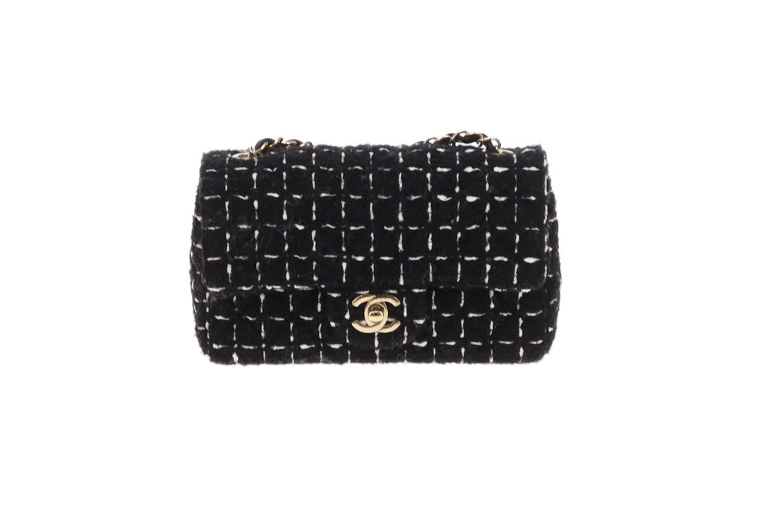 Chanel Mini Rectangle Flap Bag Black Tweed GHW 2023
