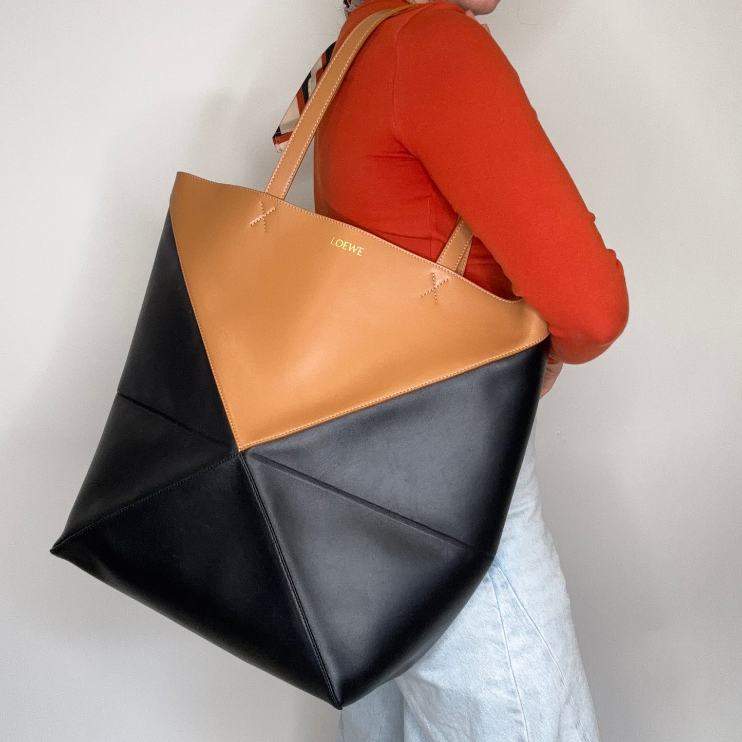 Loewe Puzzle Fold Tote In Warm Desert & Black