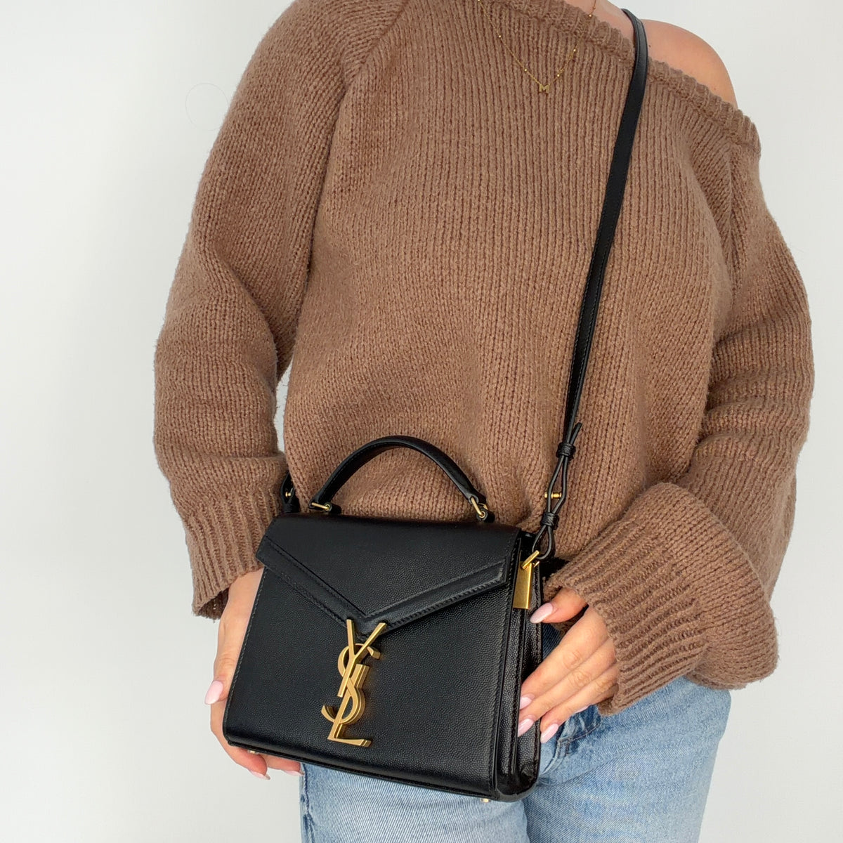 Saint Laurent Cassandra Mini Top Handle & Crossbody Bag Black Grain De Poudre