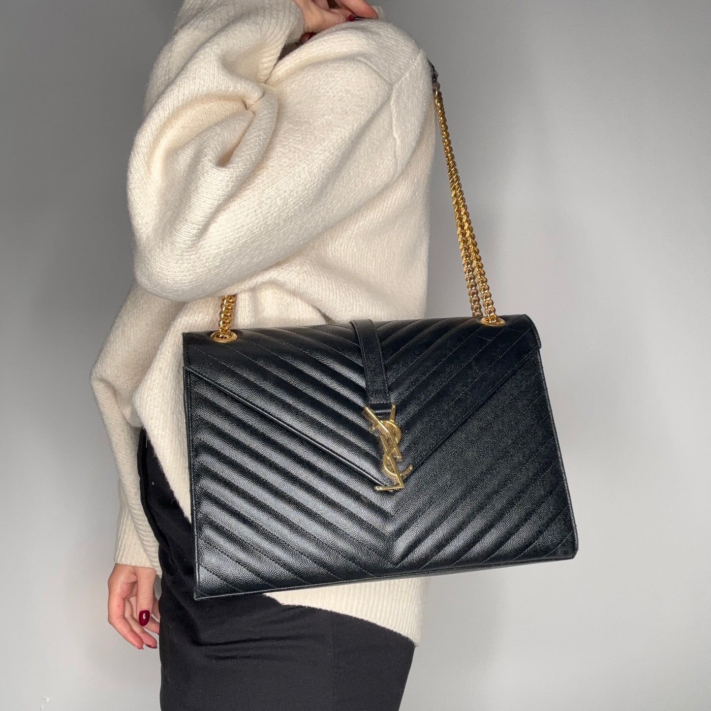 Saint Laurent Envelope Flap Bag Large Black Grain De Poudre GHW 2015