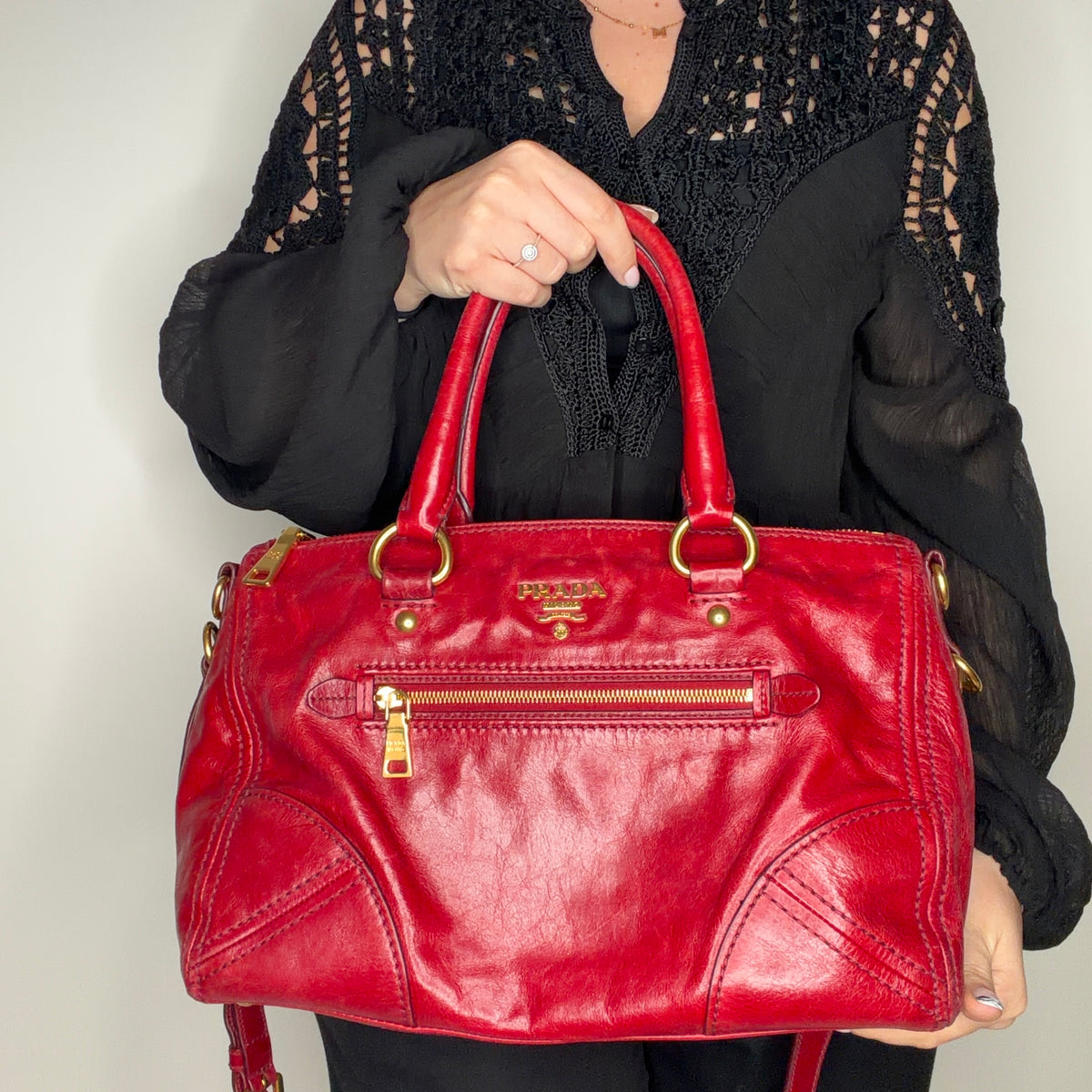 Prada 2 Way Bag With Strap Red GHW