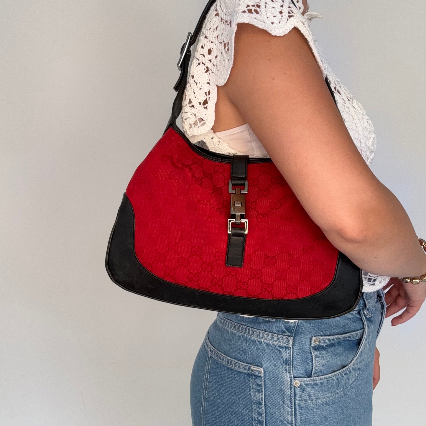 Gucci Jackie Vinatge Red GG Canvas and Black Leather