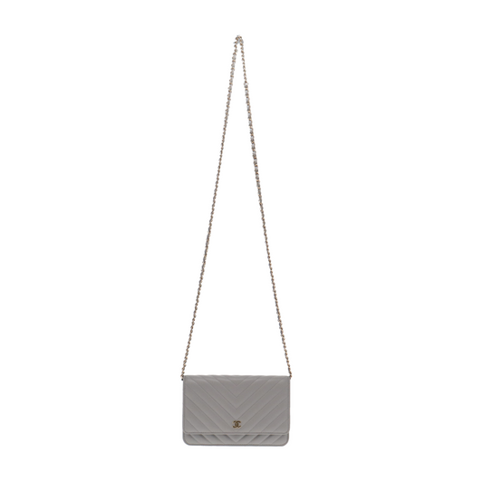Chanel Light Grey Lambskin Chevron Wallet On Chain 2020
