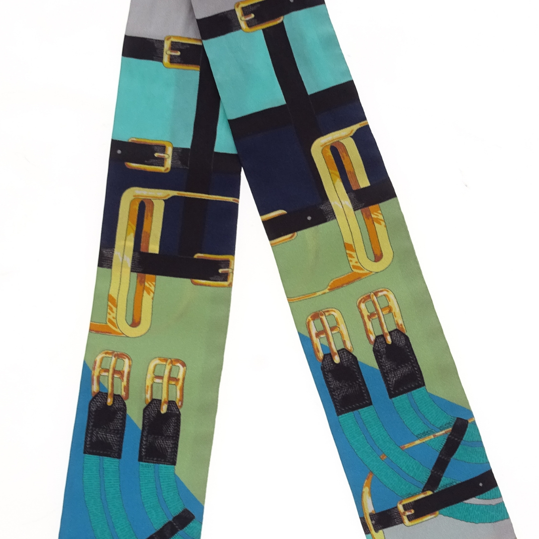 Hermes Silk Twilly Buckles & Straps Green & Blue