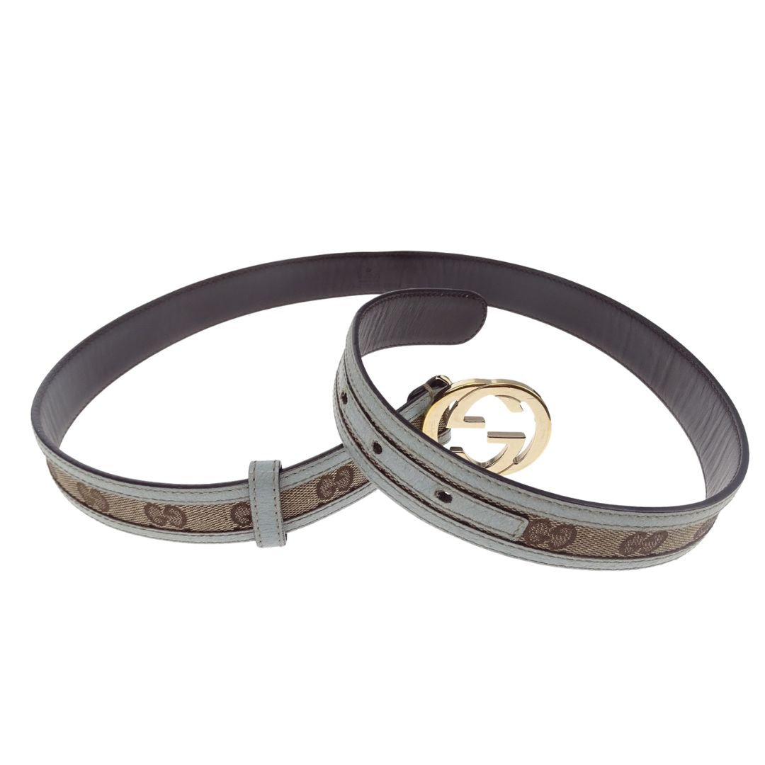 Gucci GG Canvas Belt With Steel Blue Leather Trims 85/34