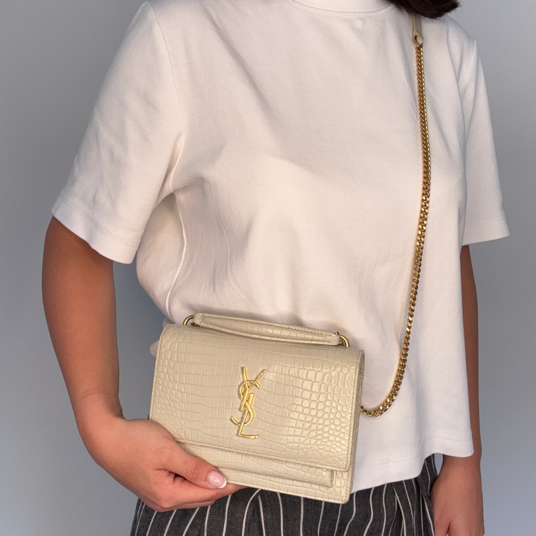 Saint Laurent Sunset Chain Wallet Cream Croc-Embossed GHW 2022