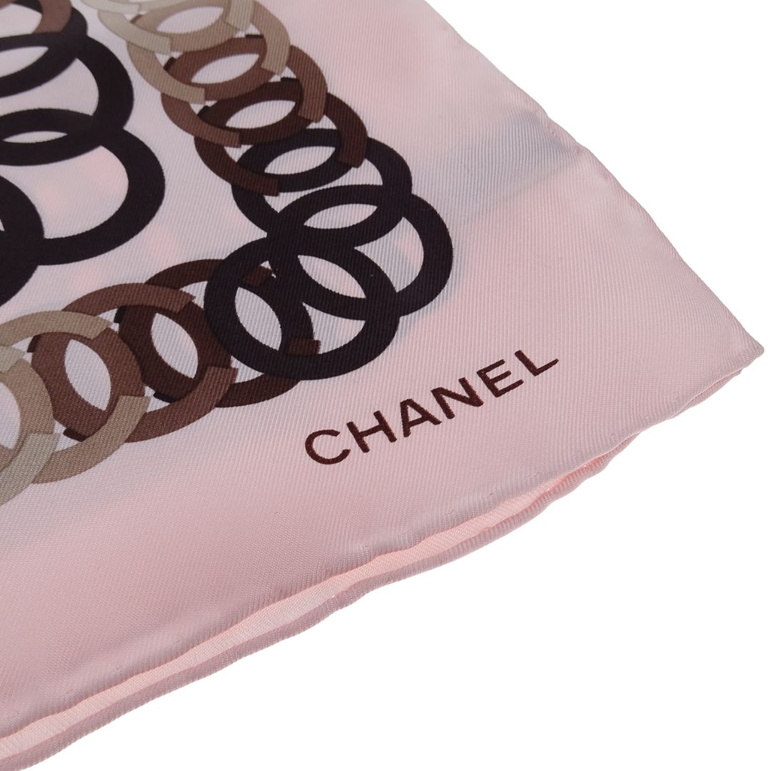Chanel CC Chain Detail Silk Scarf With Pink Border 90cm