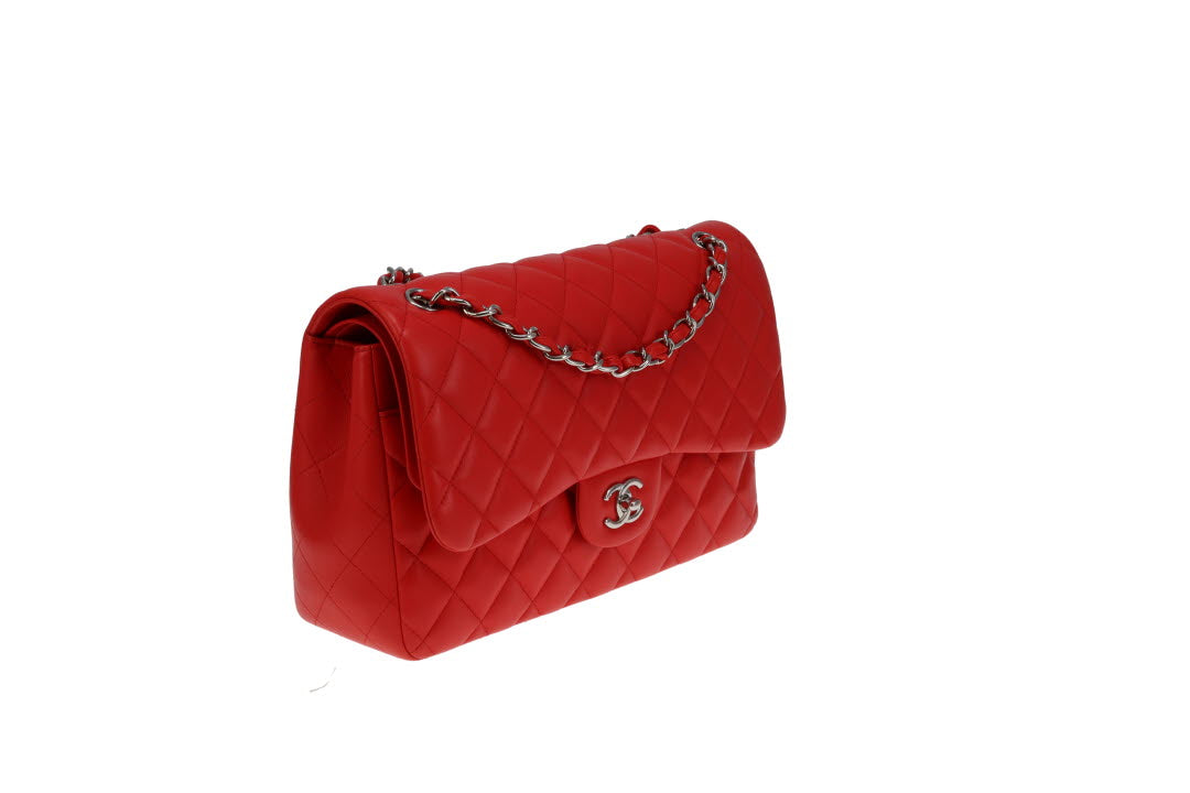 Chanel Classic Jumbo Double Flap Red Lambskin With Silver Hardware 2016/17