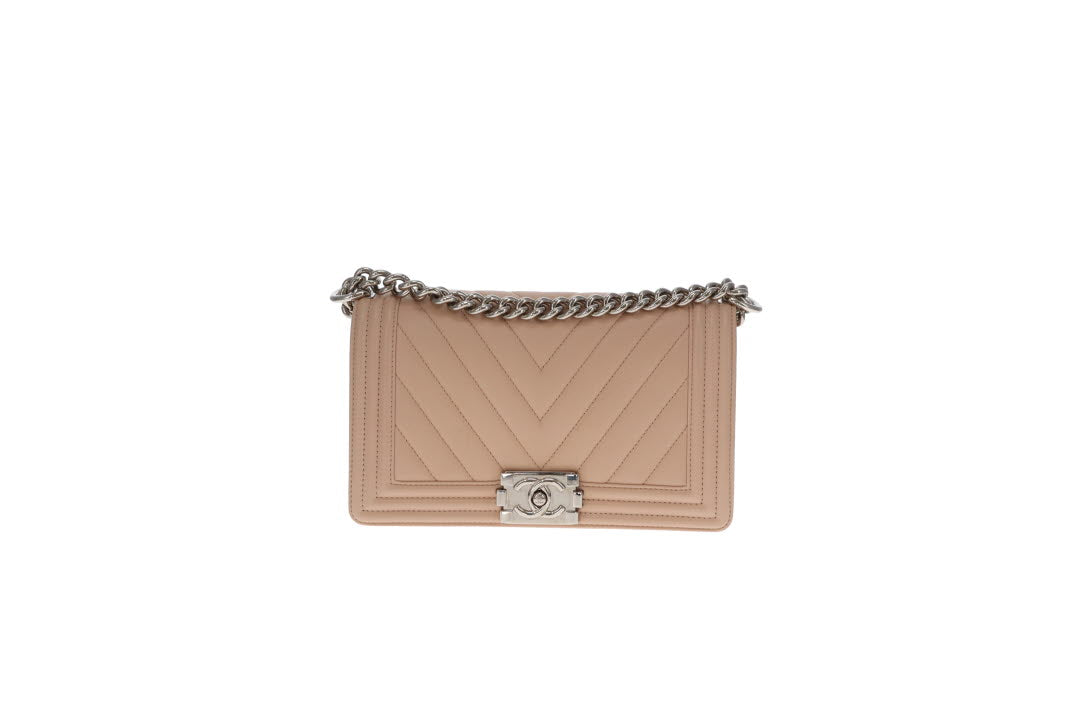 Chanel Boy Bag New Medium Beige Chevron With Silver Hardware 2016