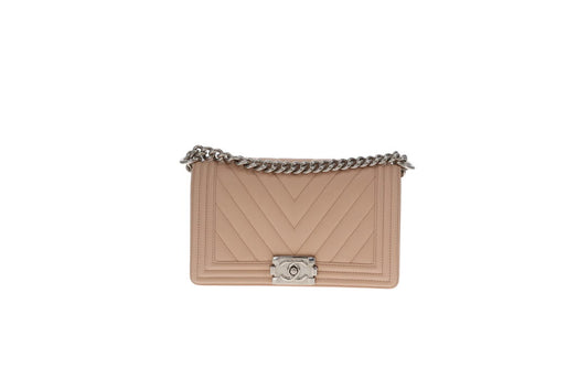 Chanel Boy Bag New Medium Beige Chevron With Silver Hardware 2016