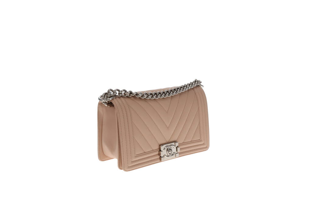 Chanel Boy Bag New Medium Beige Chevron With Silver Hardware 2016