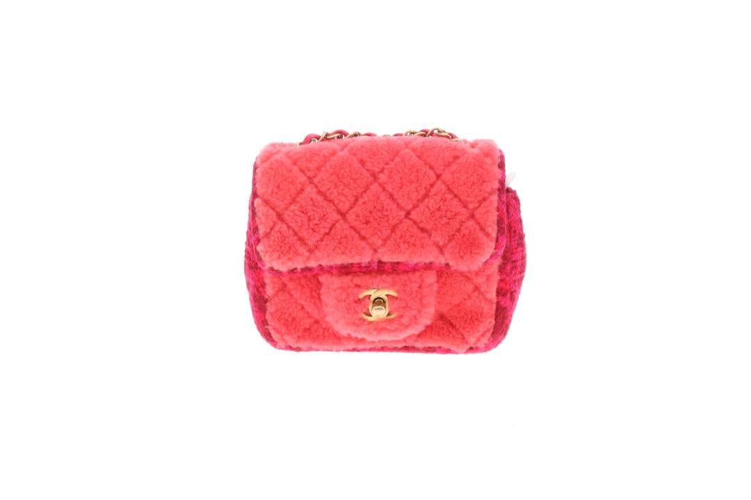Chanel Classic Mini Square Pink Shearling and Tweed 2020