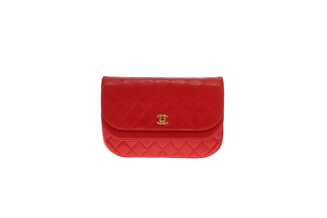 Chanel Double Half Moon Flap Shoulder Bag Red GHW