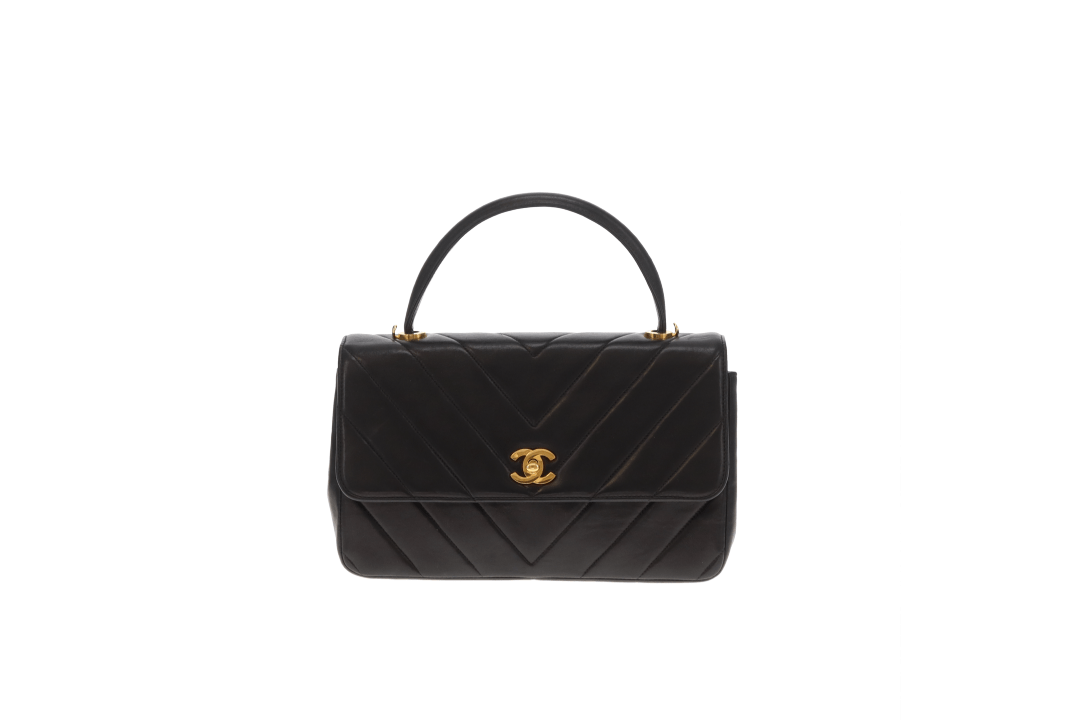 Chanel Top Handle Kelly Bag Vintage Chevron Lambskin GHW with Chain