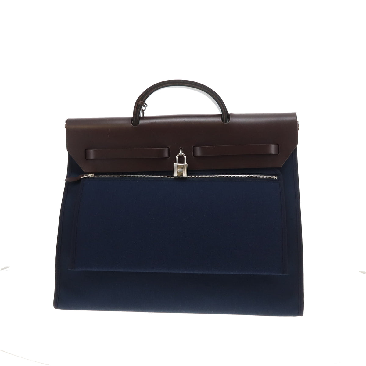 Hermes Herbag 39 Zip In Terre Vache Hunter Leather & Navy Canvas